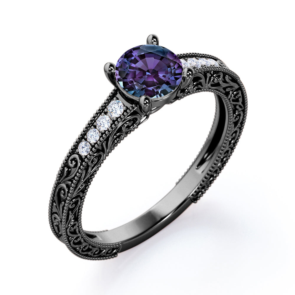 Floral filigree 1.1 carat Round cut Lab created Alexandrite and diamond channel set engagement ring in Rose gold