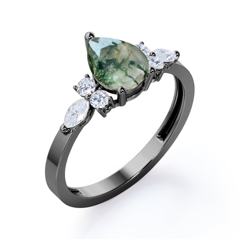 1.15 carat Pear cut Moss Agate and diamond prong style promise ring in Rose gold