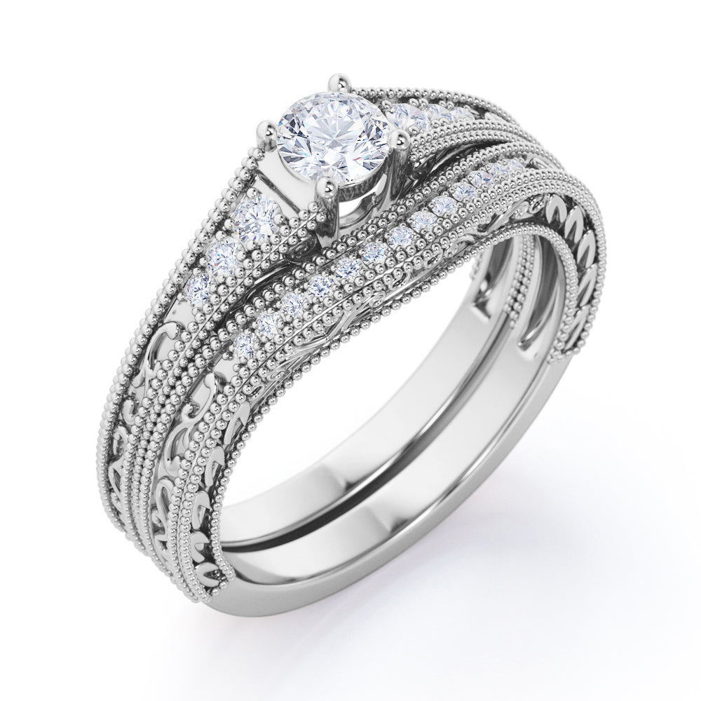 Contoured 0.8 carat Round cut Moissanite and diamond vintage filigree wedding ring set in rose gold