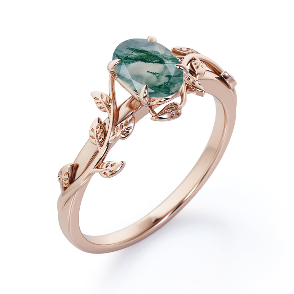 Stylish 1 carat Oval cut Moss Green Agate tree Branch Engagement ring for women in White gold - Promise ring