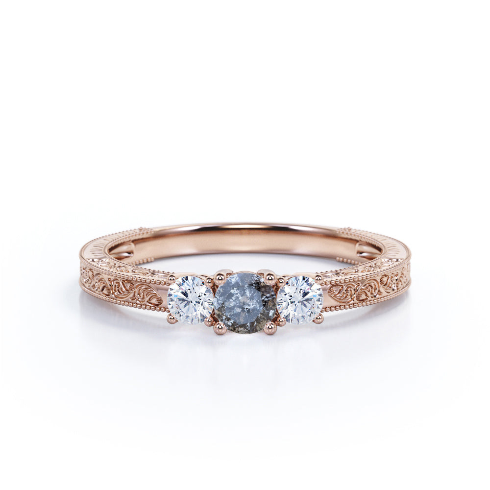 Three stone 0.5 carat Round cut Salt and pepper diamond and White diamond Filigree Milgrain Engagement ring in White gold