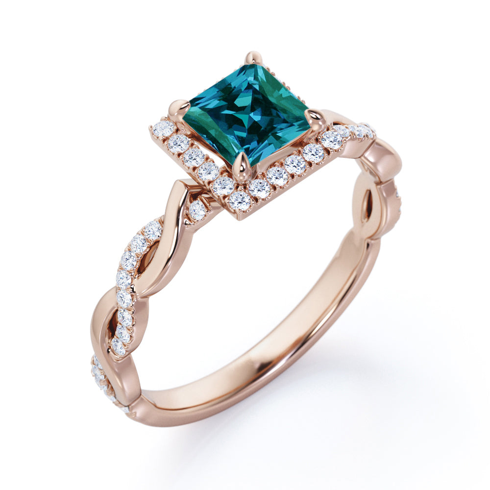 Vintage Twists 1.25 carat Princess cut Manmade Alexandrite and diamond square halo engagement ring in Black gold