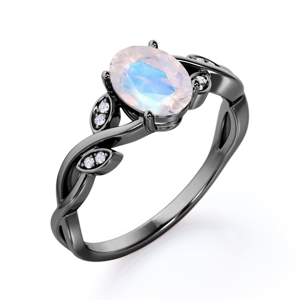 Twisted Vine 1.15 carat Oval cut Rainbow Moonstone and diamond forest inspired engagement ring in Rose gold
