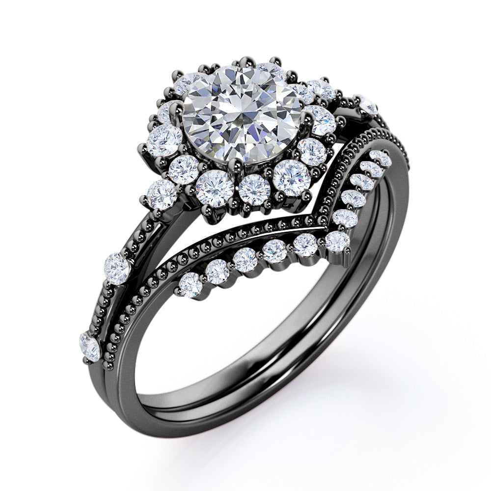Milgrain Chevron 1.3 carat Round cut Moissanite and diamond art deco inspired wedding ring set for her in Black gold