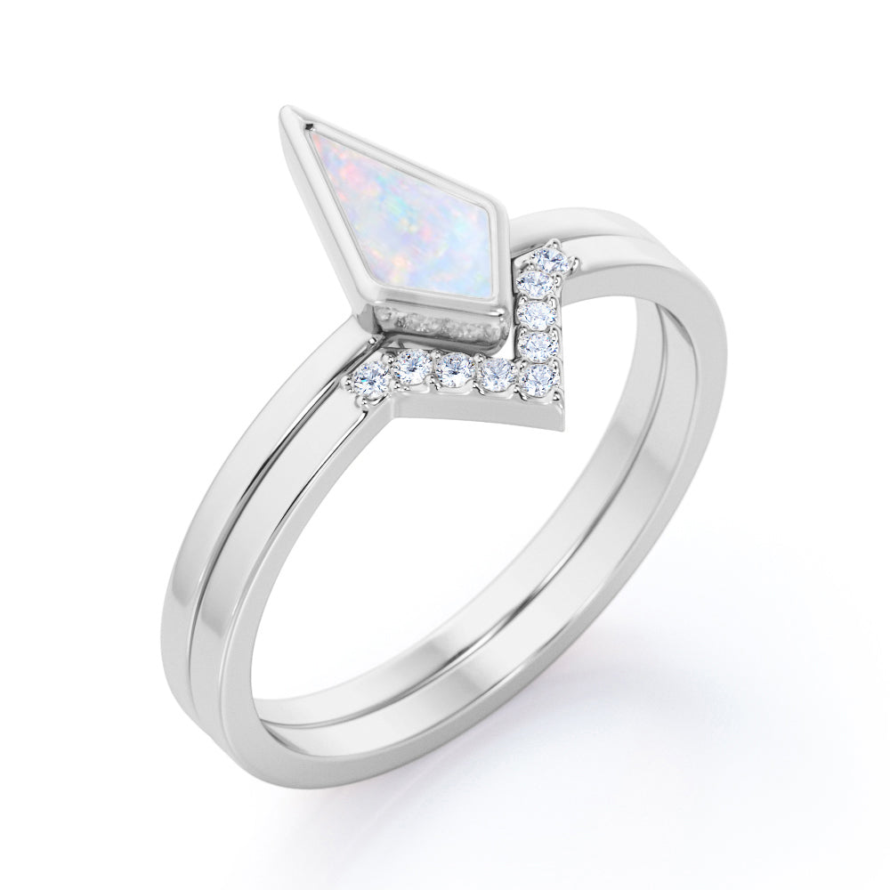 Bezel Crown 1.10 carat Kite Cut Opal and pave diamonds vintage tapered shank engagement ring in Rose gold