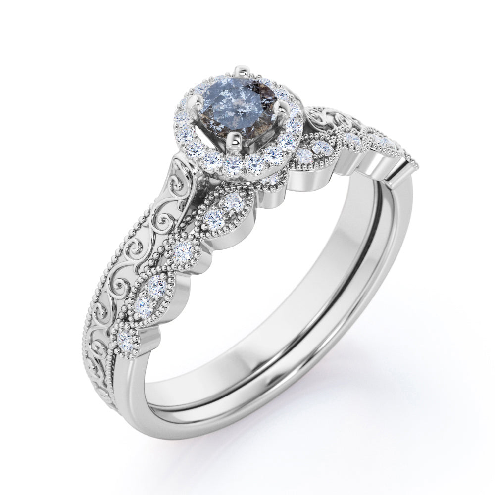 Authentic Filigree 0.75 carat Round cut Salt and pepper diamond and White diamond halo style wedding ring set in Rose gold