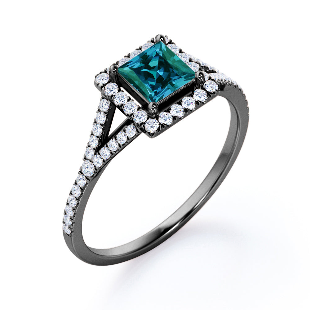 Antique French Pave 1.35 carat Princess cut Synthetic Alexandrite and diamond split shank style engagement ring in Rose gold