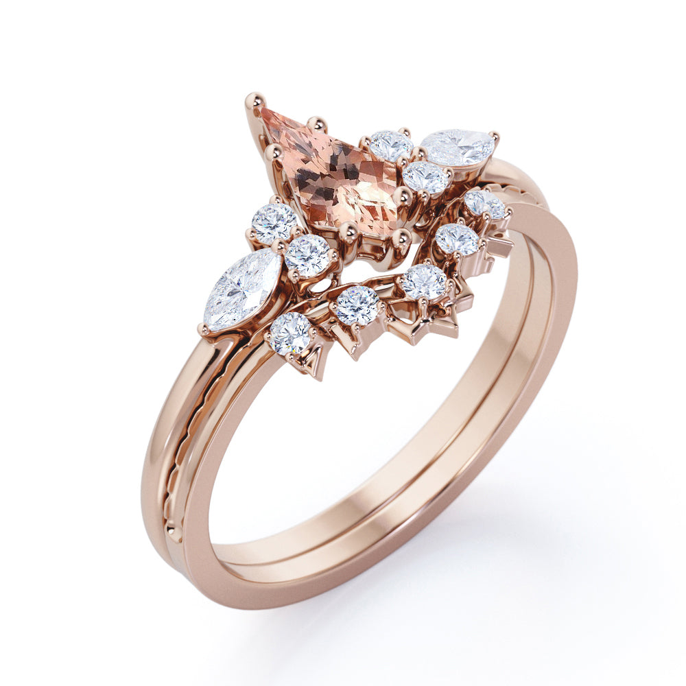 Chevron Triad 1.35 carat Kite shaped Peach Pink Morganite and diamond 7 stone Bridal set in Yellow gold