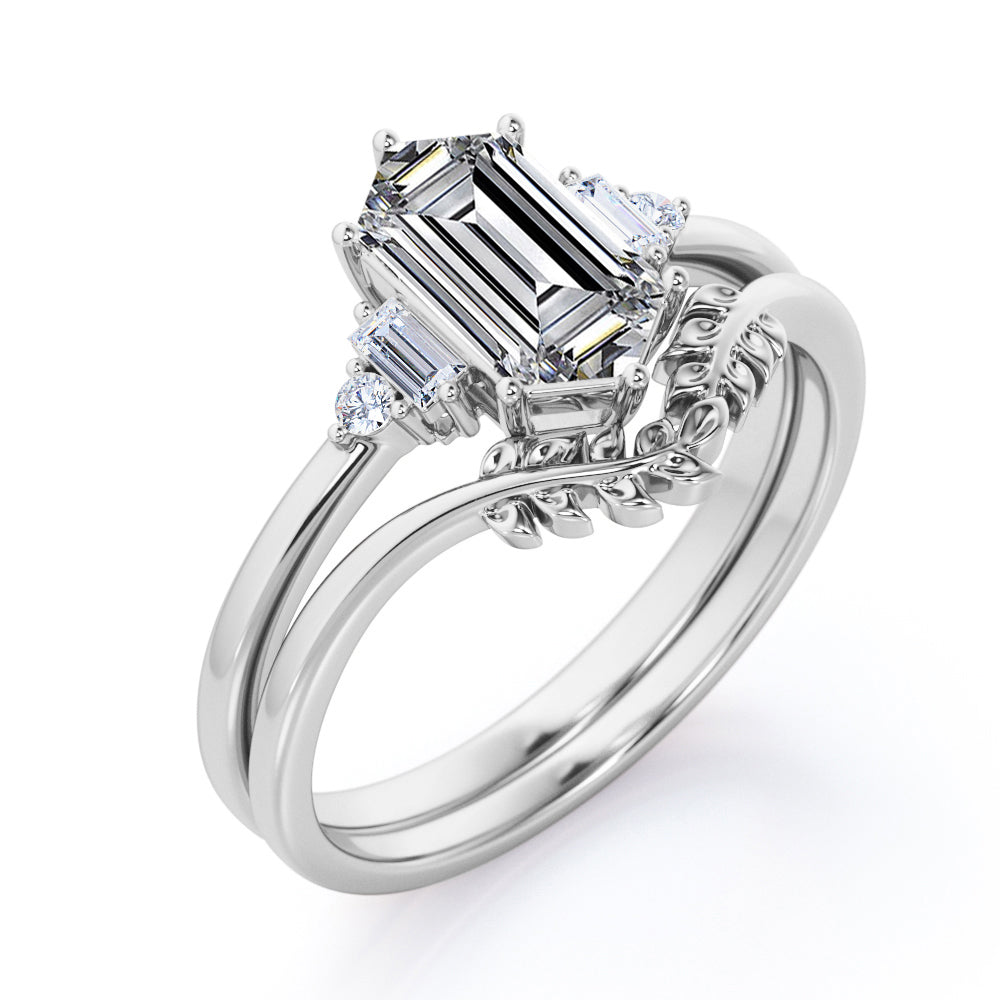 Vintage leaf design 1.1 carat Hexagon shaped Moissanite and diamond wedding ring set for women in Black gold