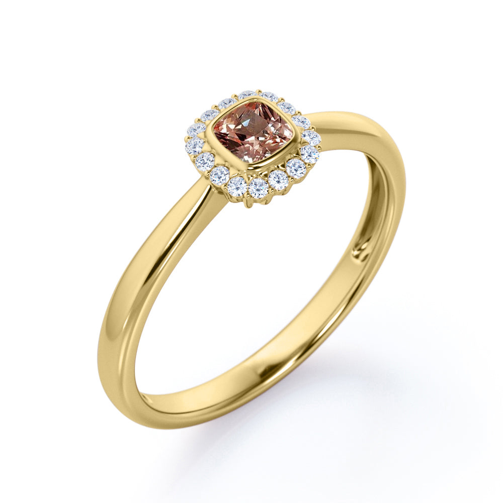Pinched Shank setting 0.65 carat Cushion cut Morganite and diamond Floral halo engagement ring in White gold