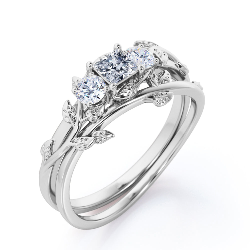 Nature inspired 1.15 carat Princess cut Moissanite and diamond three stone wedding ring set for her