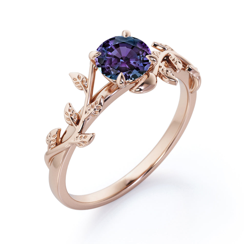 Floral Vine 1 carat Round cut Alexandrite Solitaire engagement ring for women in Rose gold