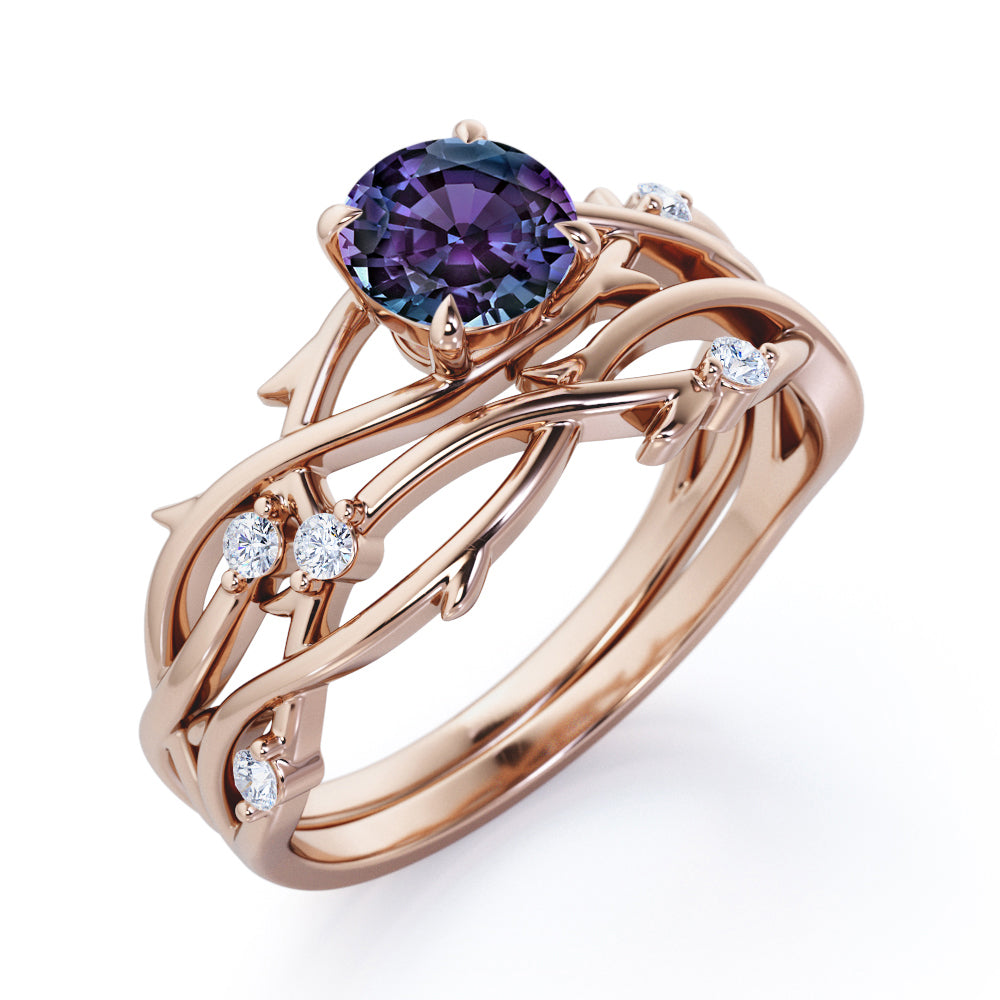Twig Branch Bands 1.1 carat Round cut Synthetic Alexandrite and diamond art deco wedding ring set in Black gold