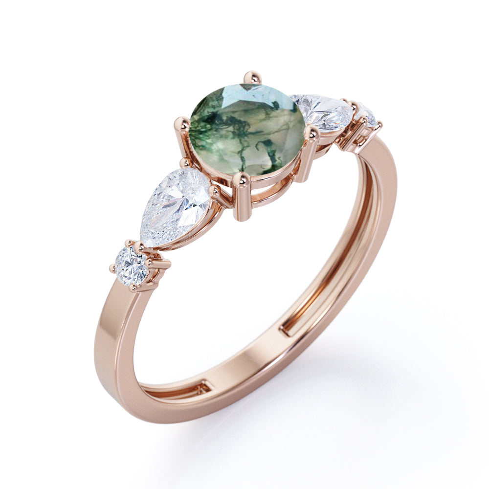 Vintage Five stones 1.2 carat Round cut Moss Green Agate and diamond 4 prong engagement ring in White gold