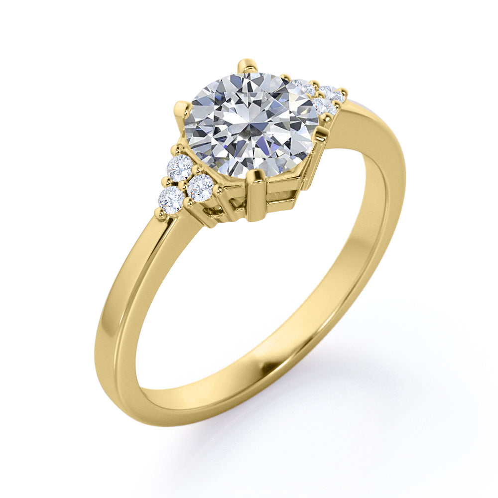Classic 7 stone 1.1 carat Round cut Moissanite and diamond hexagon prong set engagement ring in rose gold