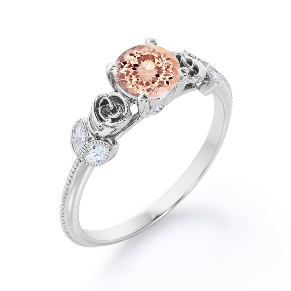 Romantic Roses 1.1 carat Round cut Morganite and diamond marquise milgrain engagement ring in Black gold