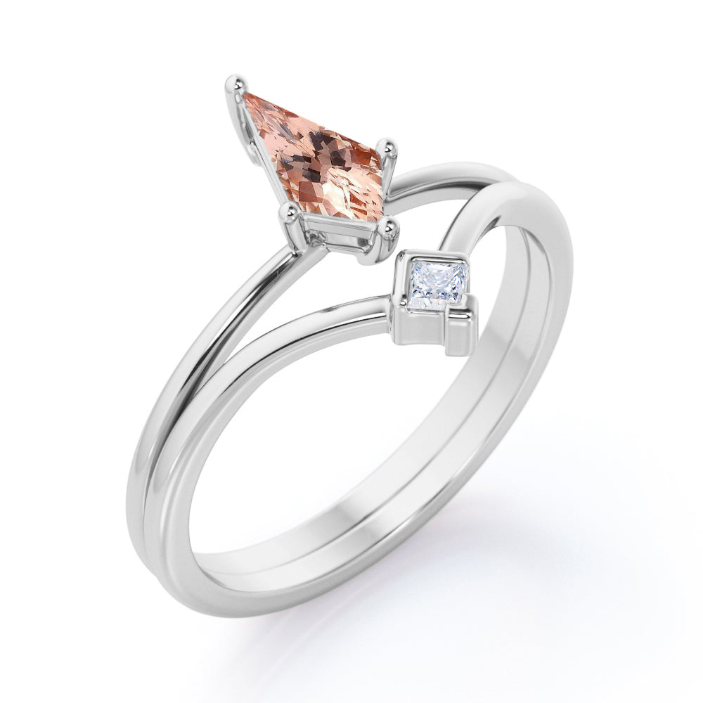 Double Layered 1 carat Kite shaped Morganite and diamond pointed chevron wedding ring set in Black gold
