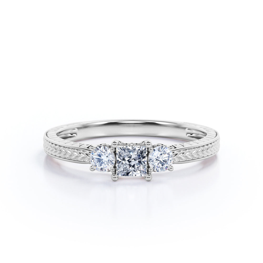 Past, Present and Future 1.1 carat Princess cut Moissanite and diamond Basket set - Filigree wedding ring set for women in gold