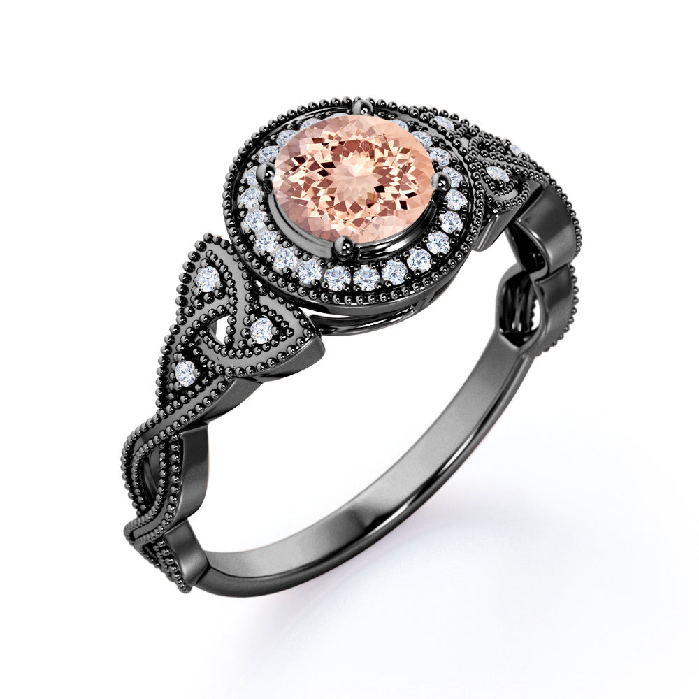 Twisted Vine 1.25 carat Round cut Peach Pink Morganite and diamond milgrain halo engagement ring in White gold