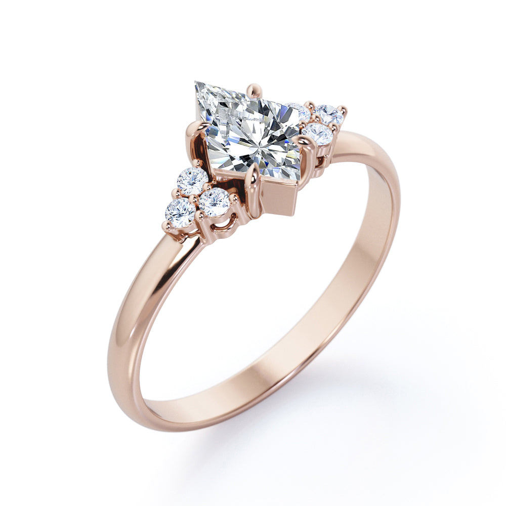 Unique Claw prong 1 carat Kite shaped Moissanite and diamond vintage style engagement ring in White gold