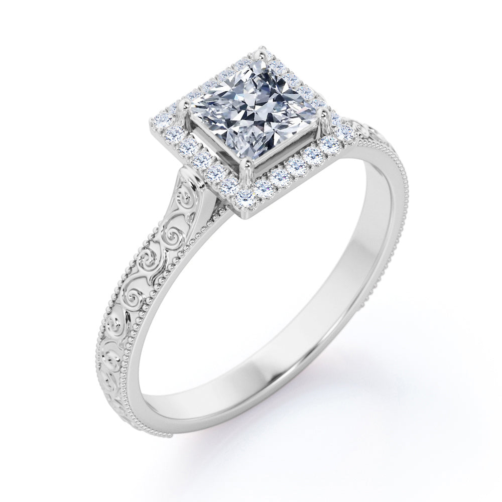 1.15 carat Princess cut Moissanite and diamond vintage filigree engagement ring in Black gold