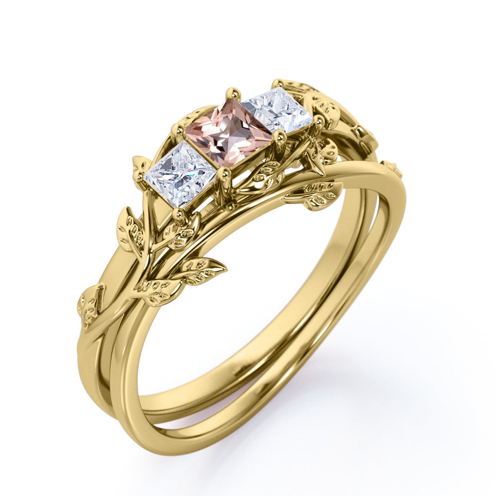Past, Present, Future 1.1 carat Princess cut Morganite and diamond earthy engagement ring set in White gold-Bridal set