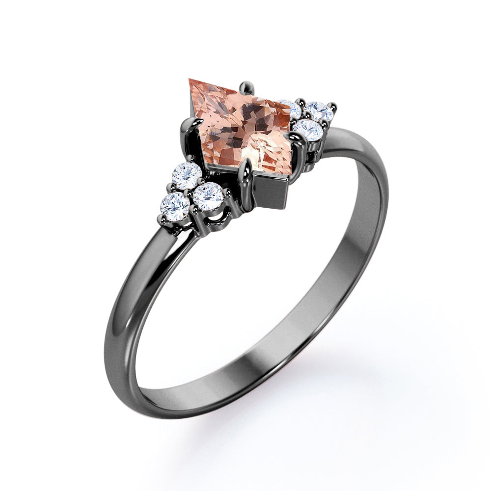 Affordable 1.2 carat Kite shaped Peach Morganite and diamond claw prong engagement ring in Rose gold