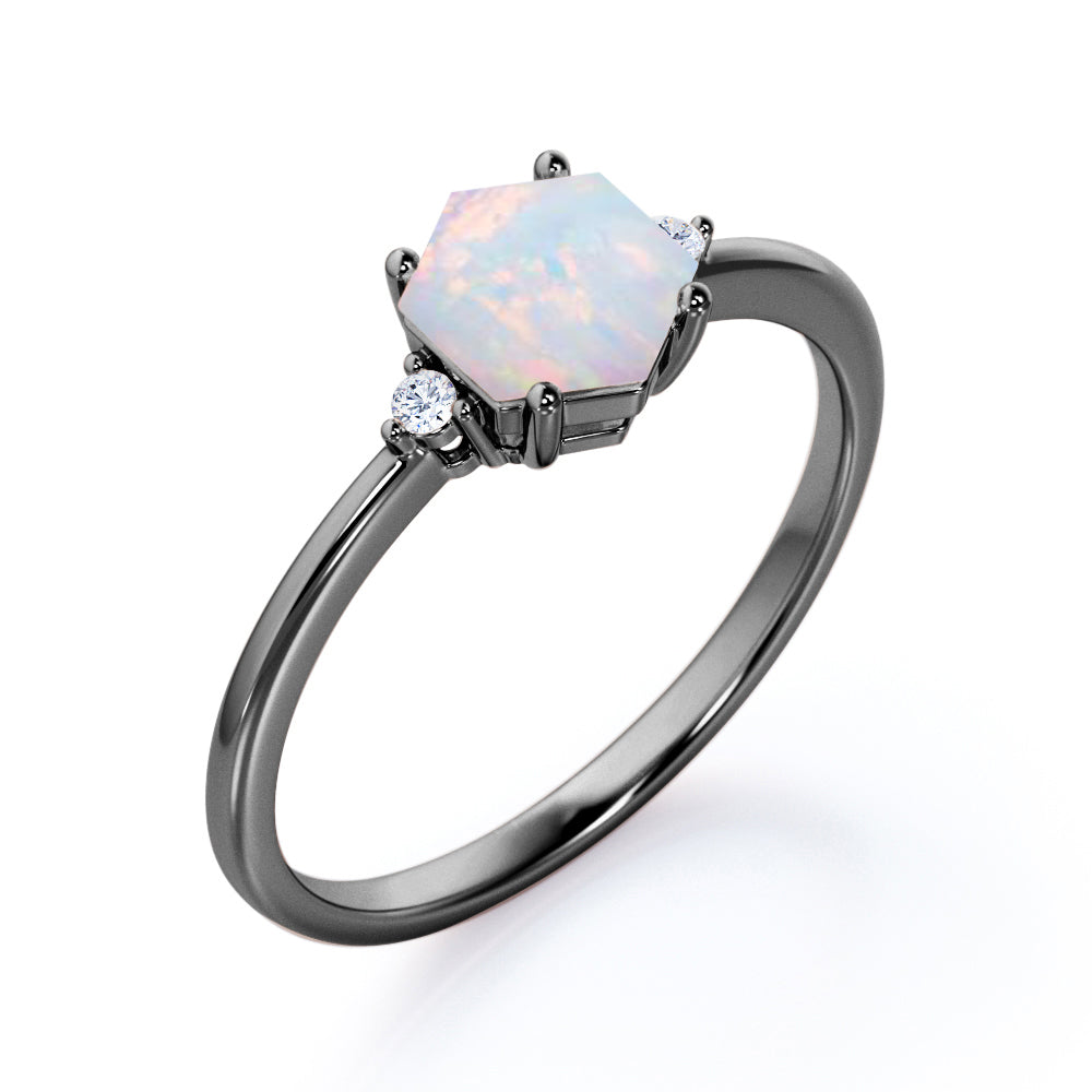 Classic Trilogy 1 carat Hexagon cut Ethiopian Opal and diamond-4 prong setting-pinched shank engagement ring White gold