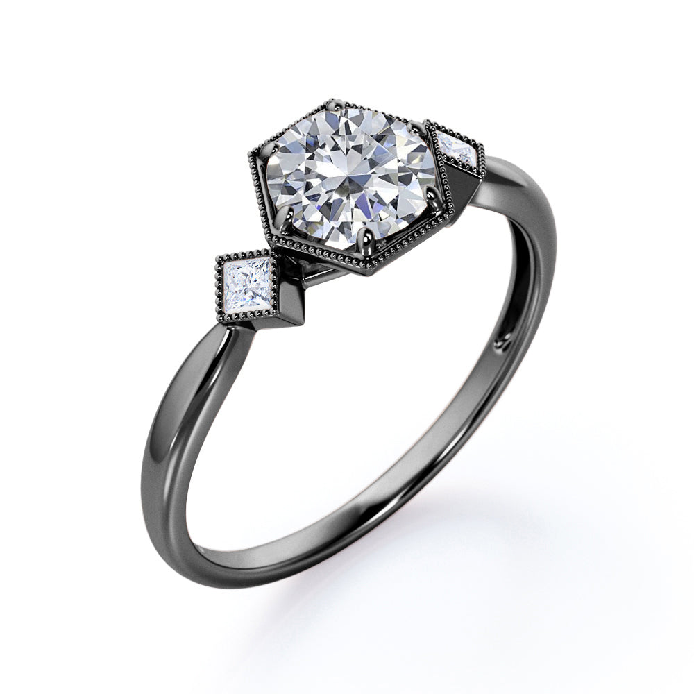 Trilogy Milgrain 1 carat Round cut Moissanite and diamonds tapered shank engagement ring in White gold