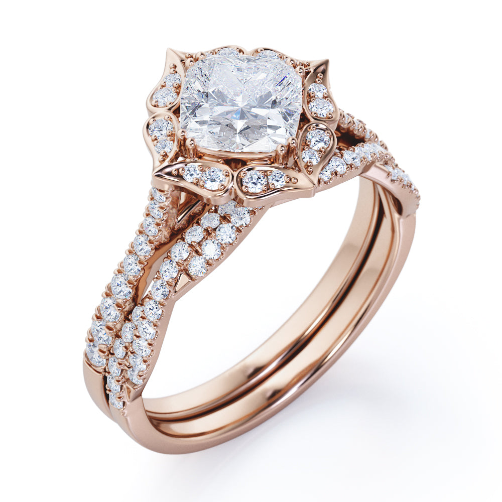 Cluster halo 1.6 carat Cushion cut moissanite and diamond pave wedding ring set in Whit gold