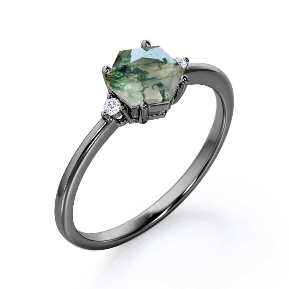 Authentic Trilogy 0.55 carat Hexagon shaped Moss Agate and diamond tapered shank engagement ring in Rose gold
