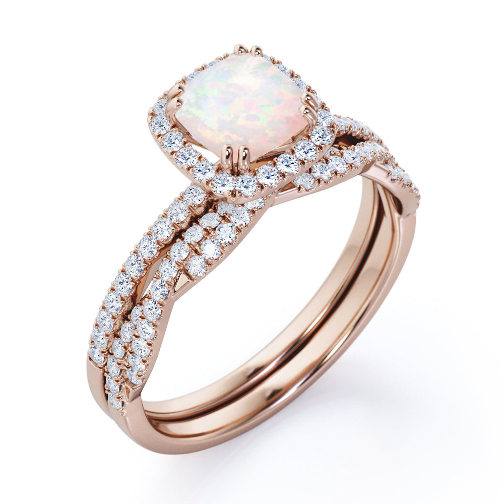 Vintage 1.6 carat Cushion cut Fire Opal and diamond Twisted infinity Wedding ring set in White gold