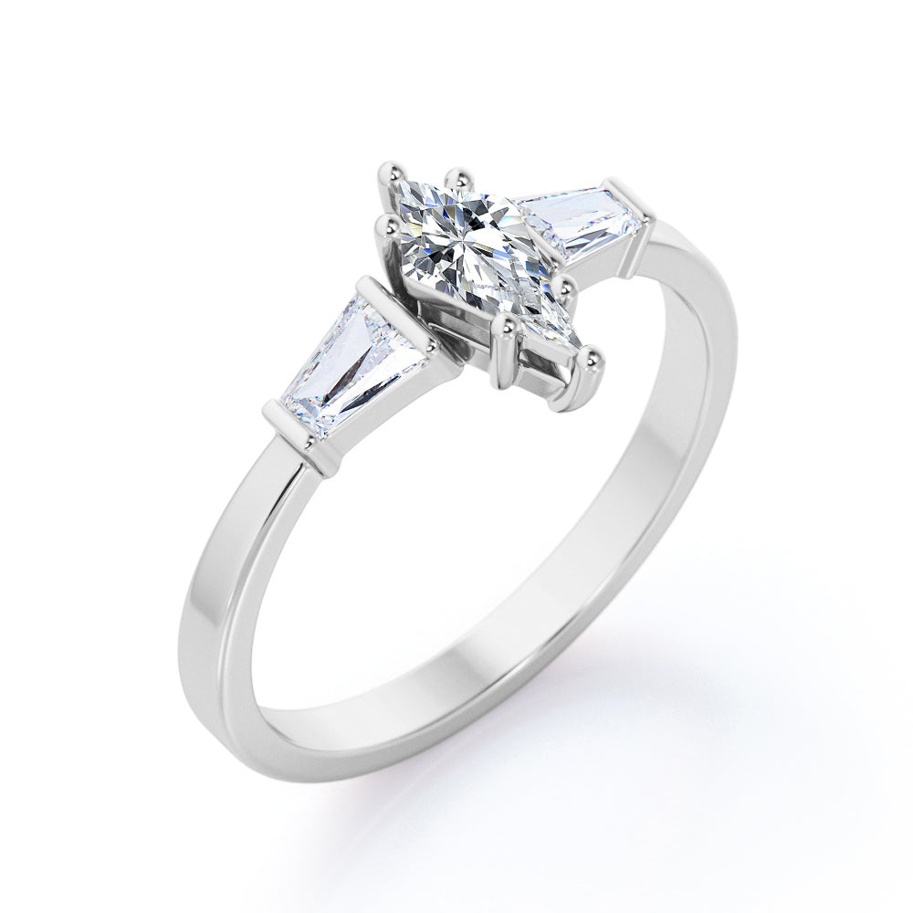 Eccentric 1.2 carat Kite shaped Moissanite and diamond art deco baguette engagement ring in Black gold