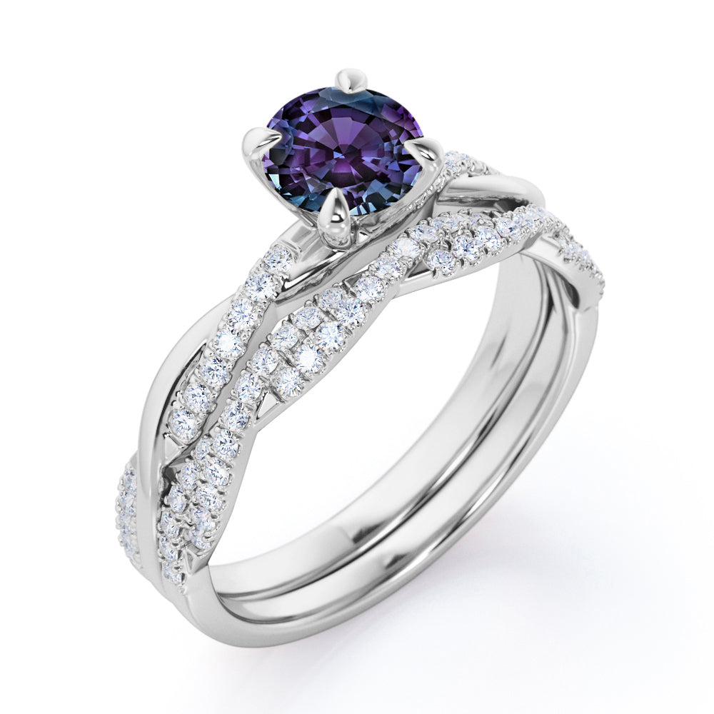 Simple Infinity twist 1.5 carat round cut Alexandrite and diamond 4 prong setting wedding ring set of her