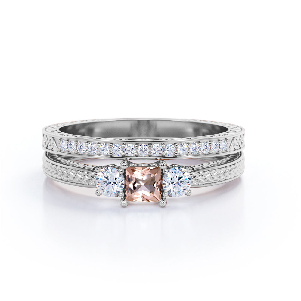 Eccentric Trilogy 1.35 carat Princess cut Pink Morganite and round pave diamond Filigree engraved-Bridal set for women