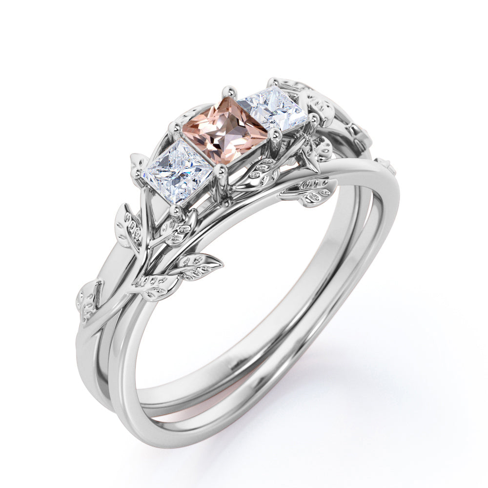 Past, Present, Future 1.1 carat Princess cut Morganite and diamond earthy engagement ring set in White gold-Bridal set