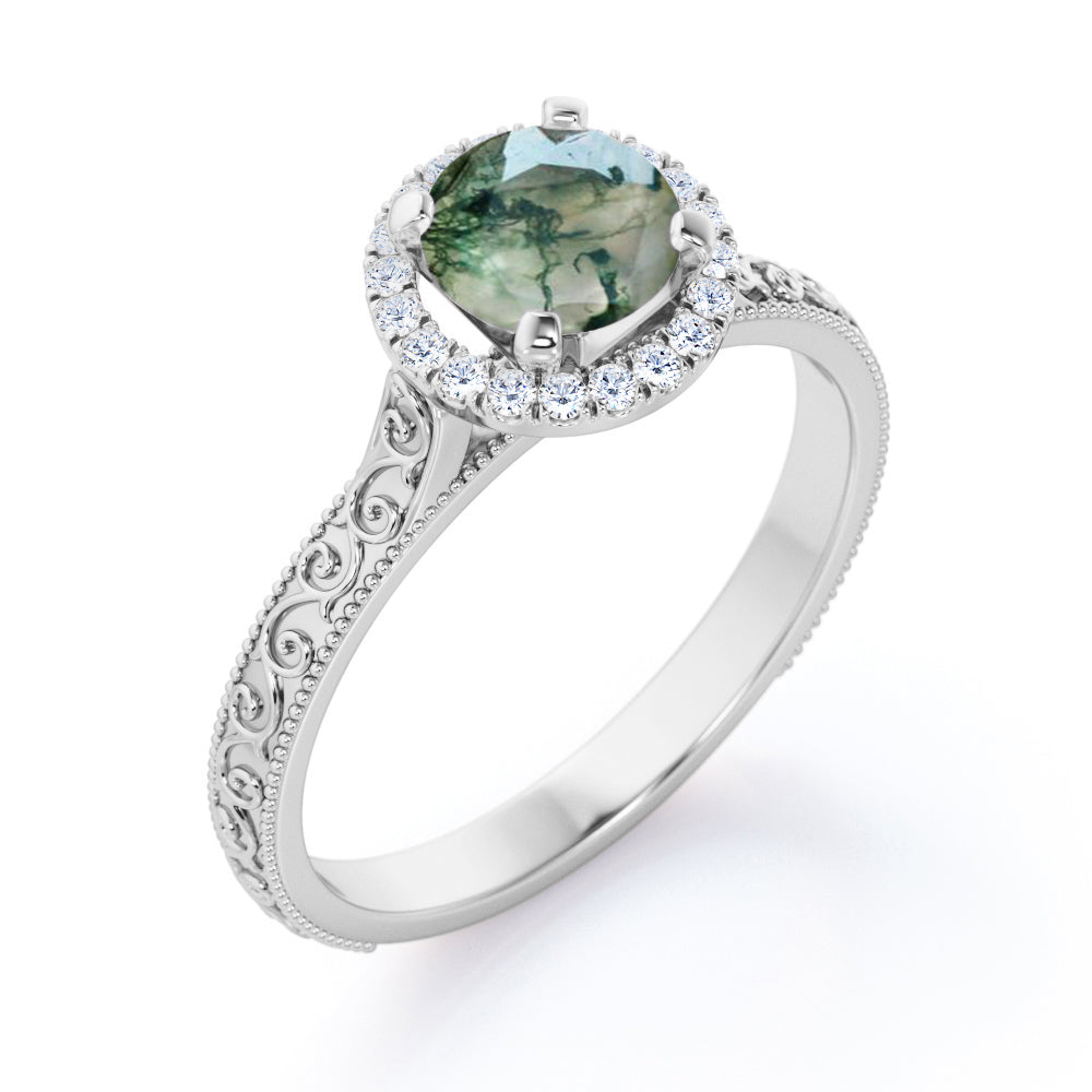 1.25 carat Round cut Moss Agate and diamond Edwardian filigree and halo engagement ring in Black gold