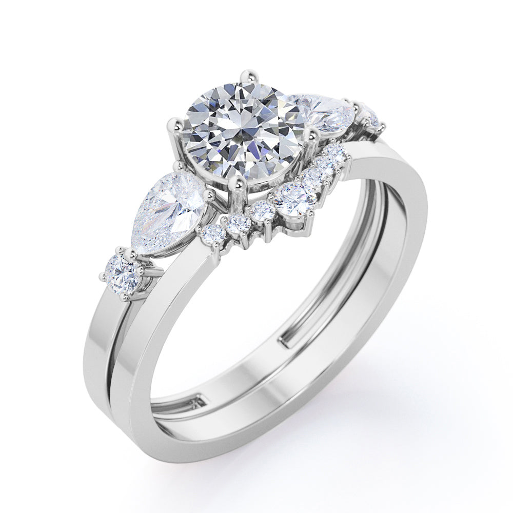 Vintage Tiara inspired 1.2 carat Round cut Moissanite and diamond wedding ring set in white gold