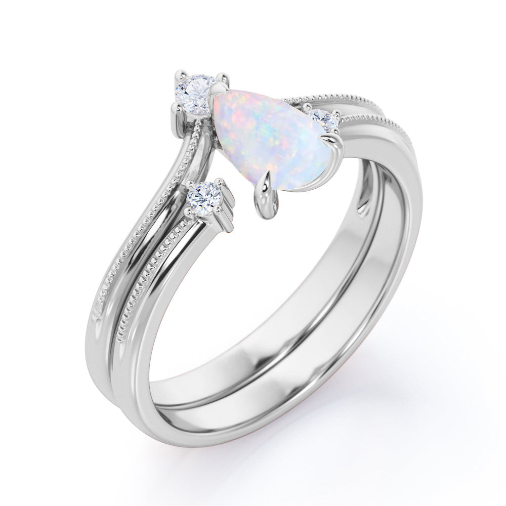 Chevron Crown Tiara 1.10 carat Pear cut Australian Fire Opal and Milgrain Border and diamond Wedding Bridal ring set