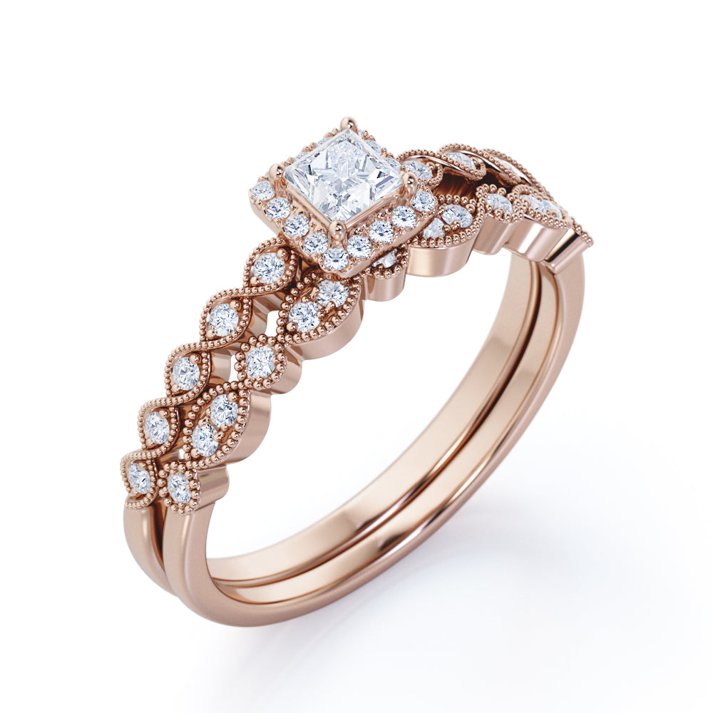 Antique art deco 0.75 carat Princess cut diamond Milgrain Edge wedding ring set for women in gold