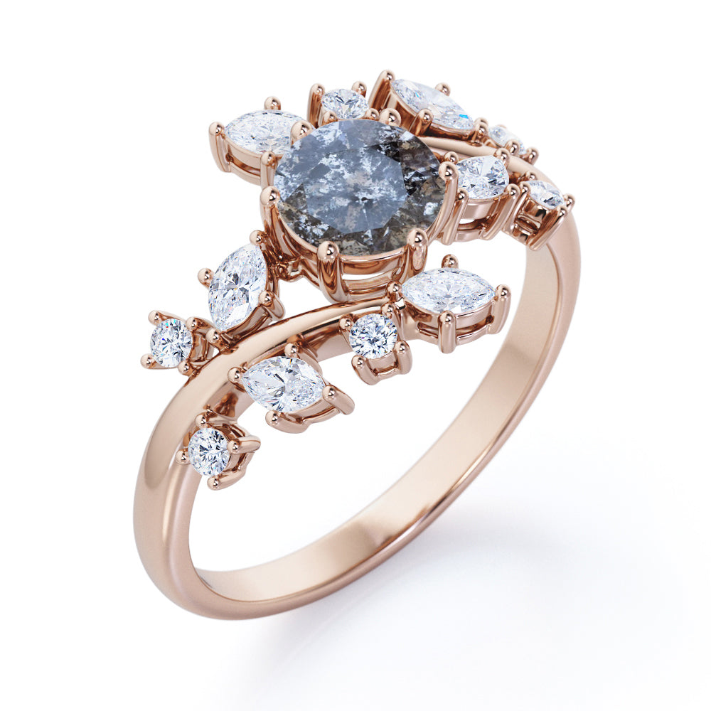 Nature inspired 0.75 carat Round cut Salt and pepper diamond and White diamond tension set engagement ring in white gold