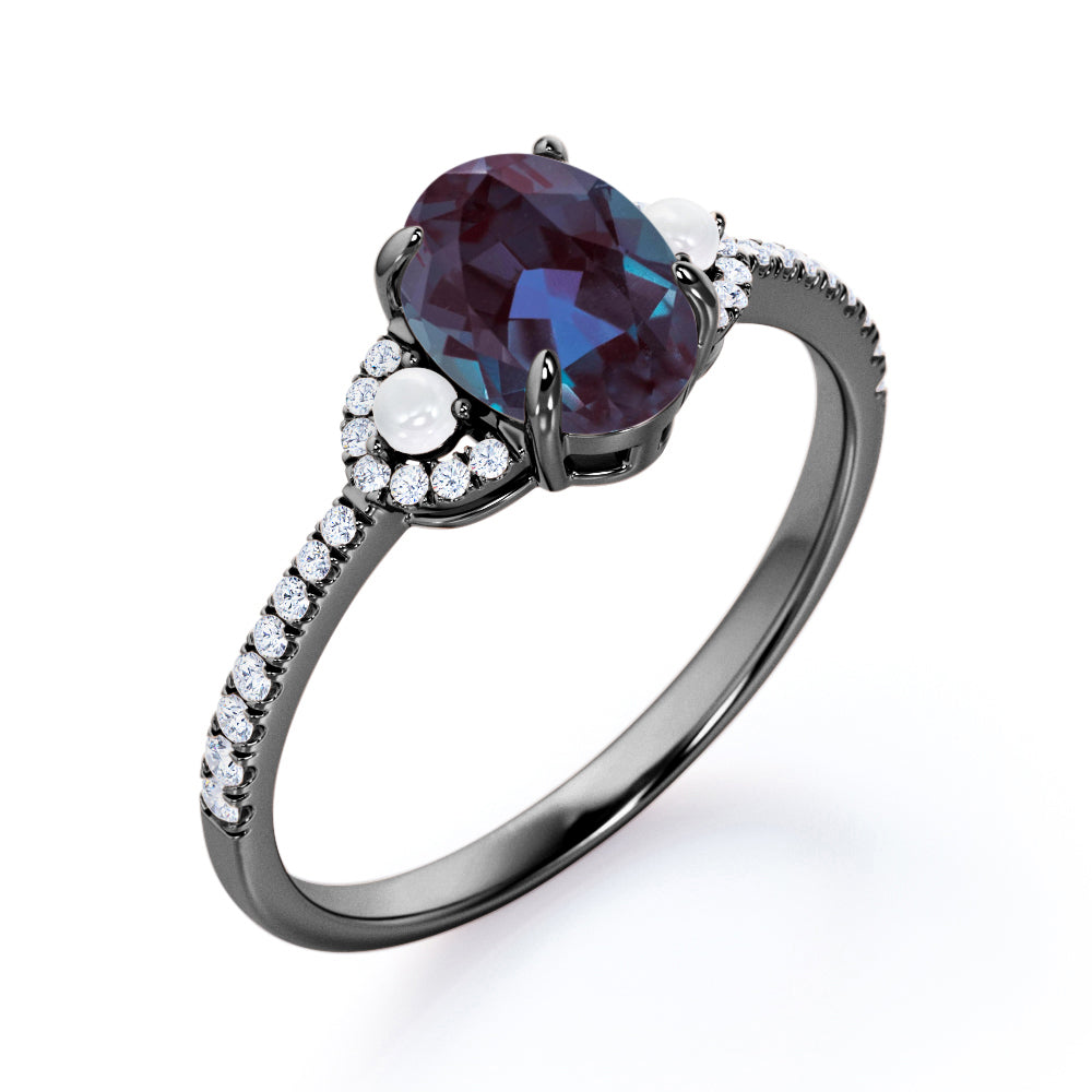 Crescent bands 1.5 carat Oval shaped Synthetic Alexandrite, diamonds and pearl engagement ring in White gold