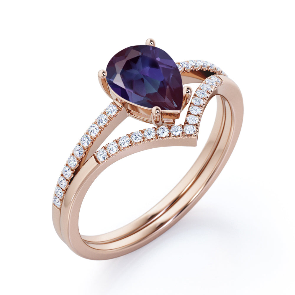 Simple Chevron 1.35 carat Pear shaped Lab created Alexandrite and diamond pave set wedding ring set in Black gold