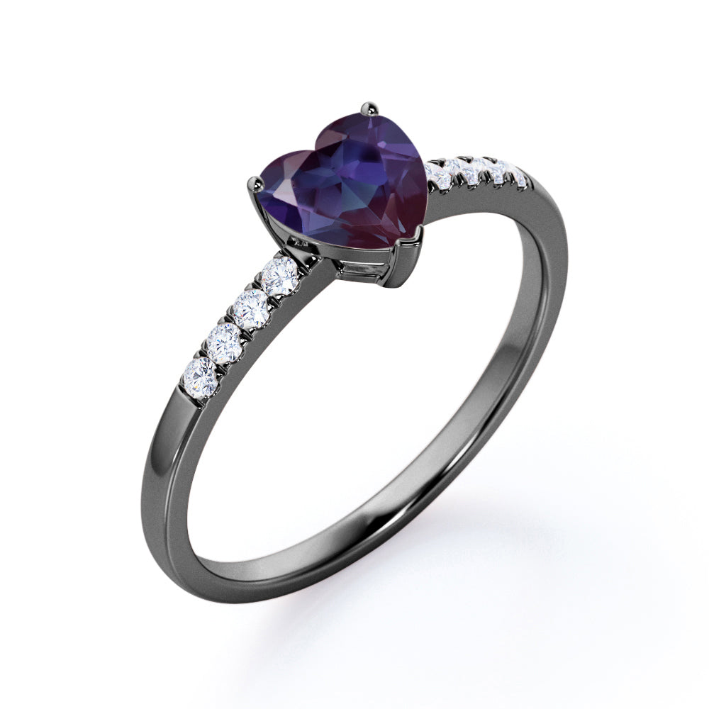 Romantic Pave 1.2 carat Heart shaped Alexandrite and diamond art deco inspired engagement ring in Black gold