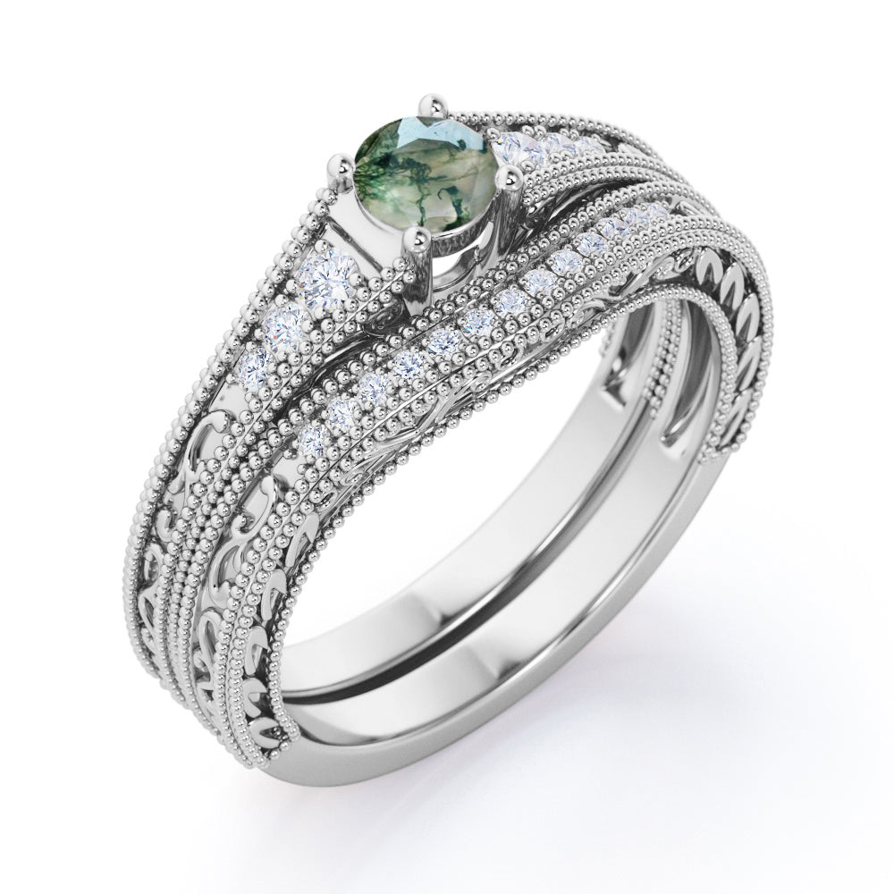 0.75 carat Round cut Moss Green Agate and diamond contoured filigree and milgrain Bridal ring set in Rose gold