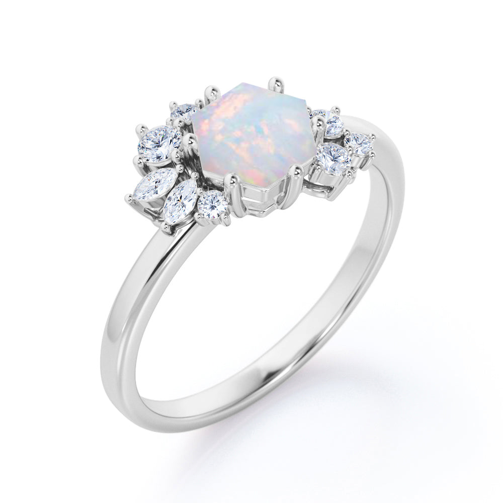 Artistic modern 1.2 carat Hexagon shape Ethiopian Opal and diamond Bridal set for women in White gold