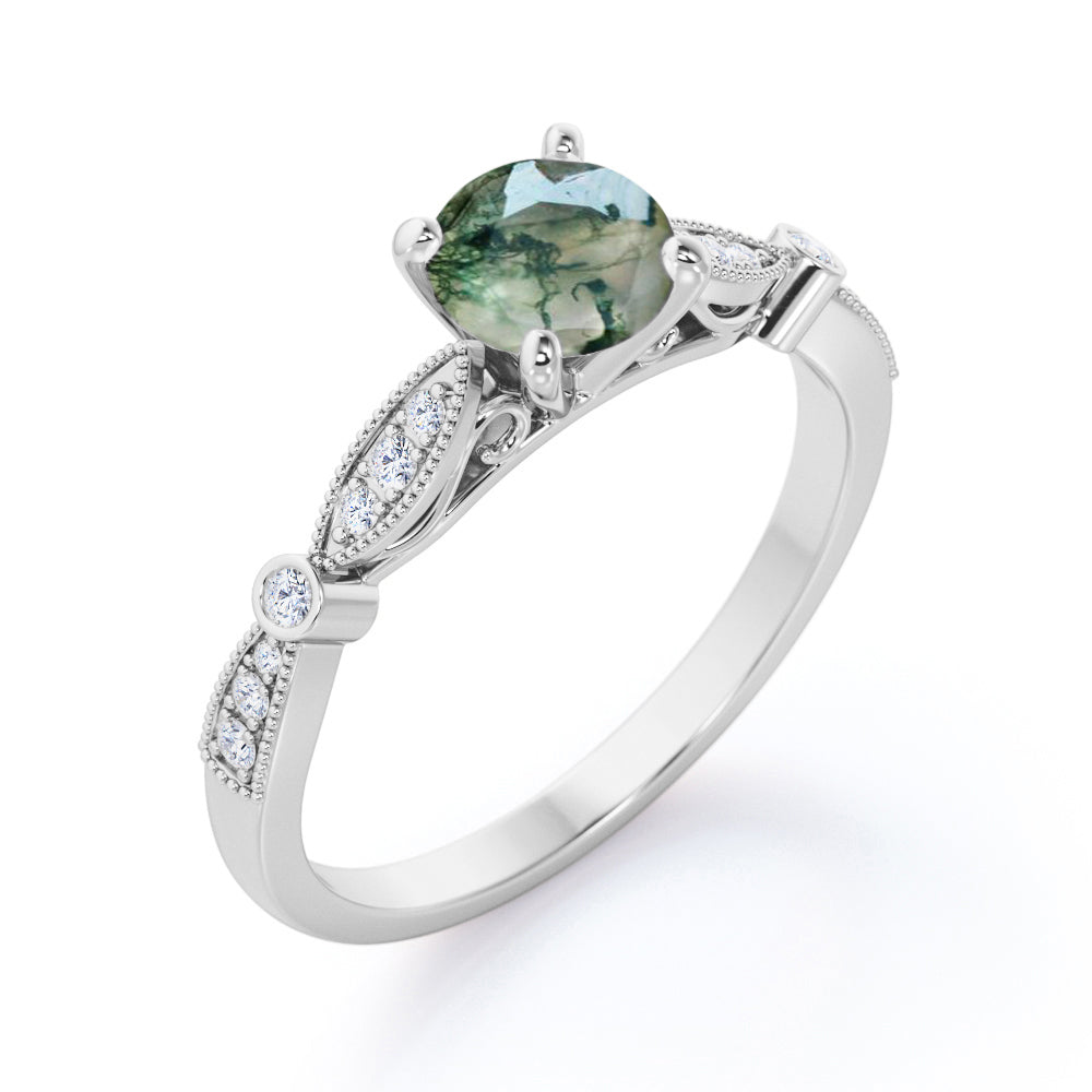 Art deco Cathedral 1.2 carat Round cut Moss Green Agate and diamond bead décor engagement ring in Rose gold