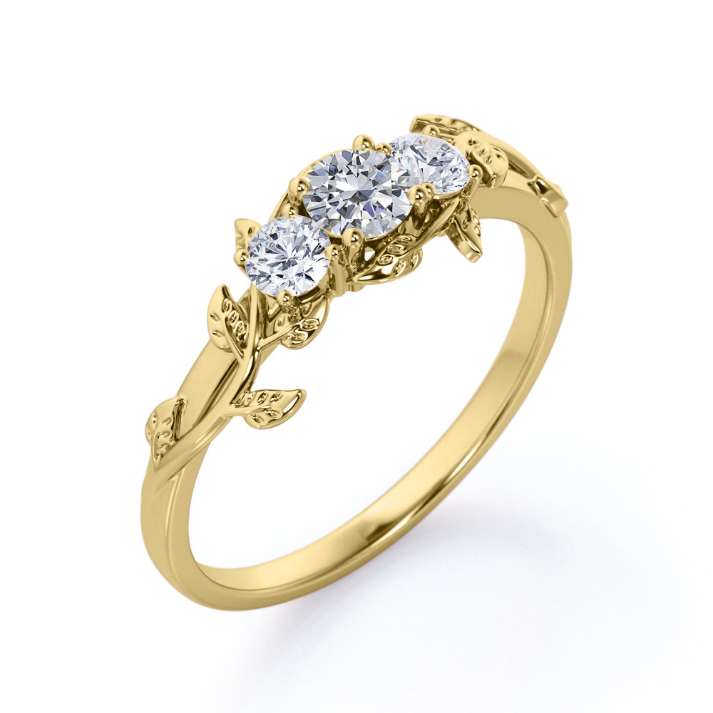 Eccentric Vine and leaf 0.75 carat round cut Moissanite and diamond 3 stone flower ring in White gold- Engagement ring