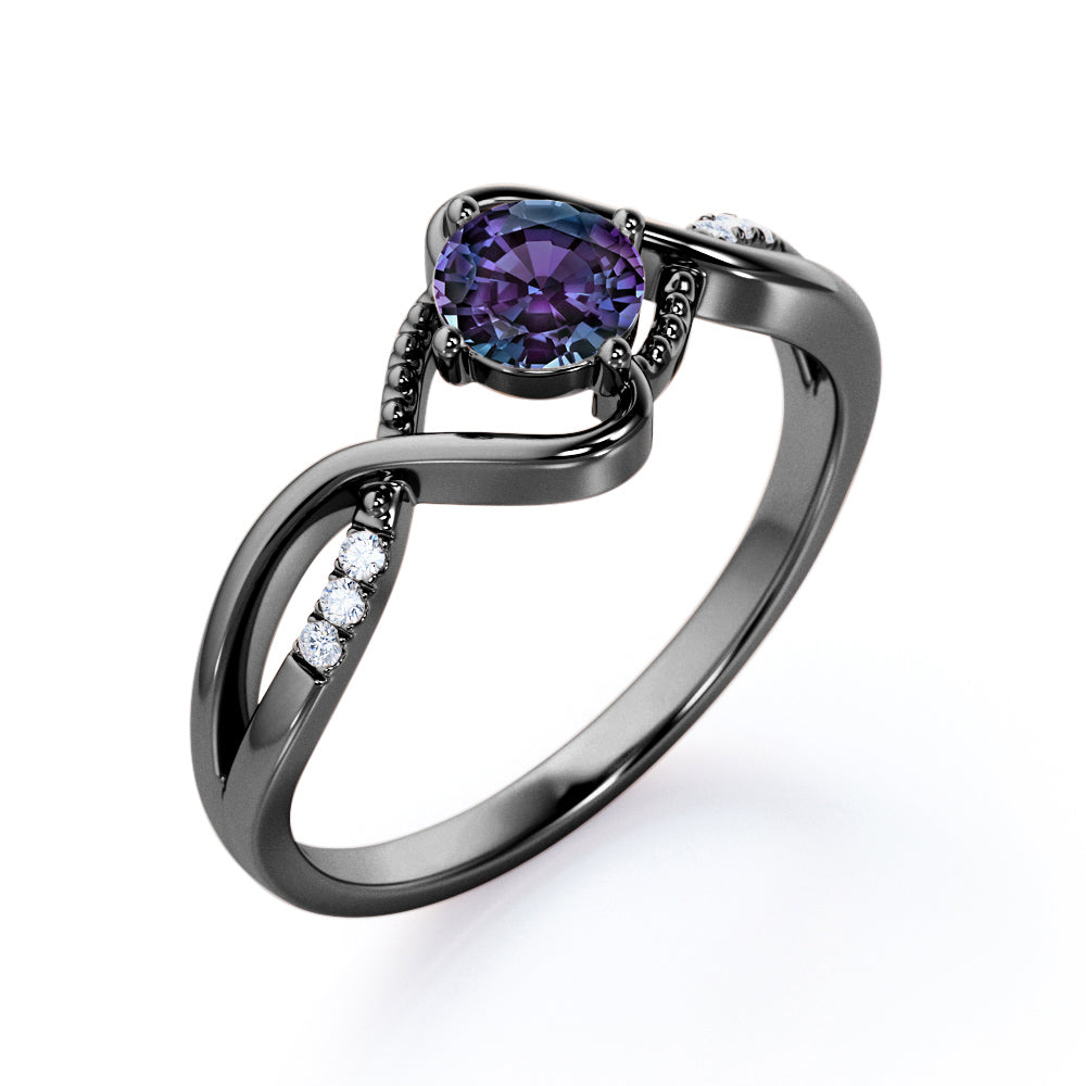 Twisted Branchlet 0.5 carat Round cut Synthetic Alexandrite and diamond infinity shank engagement ring in Black gold