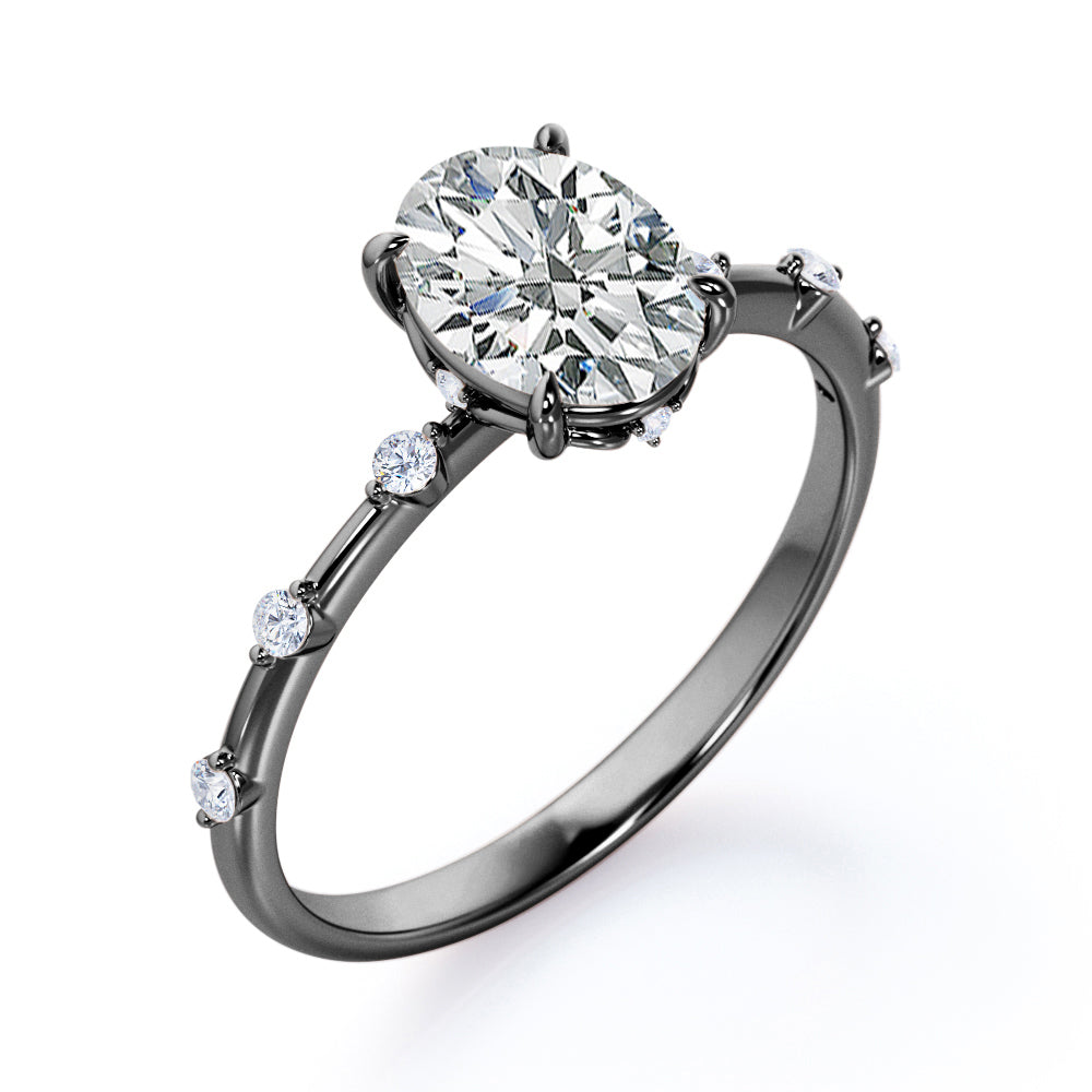 Delicate twig 1 carat Oval shaped Moissanite and diamond 7 stone engagement ring for her in rose gold